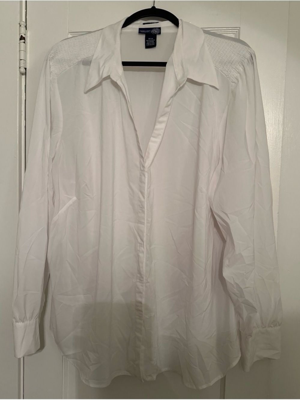 Women's White Button-Down Blouse with Textured Shoulder Detail